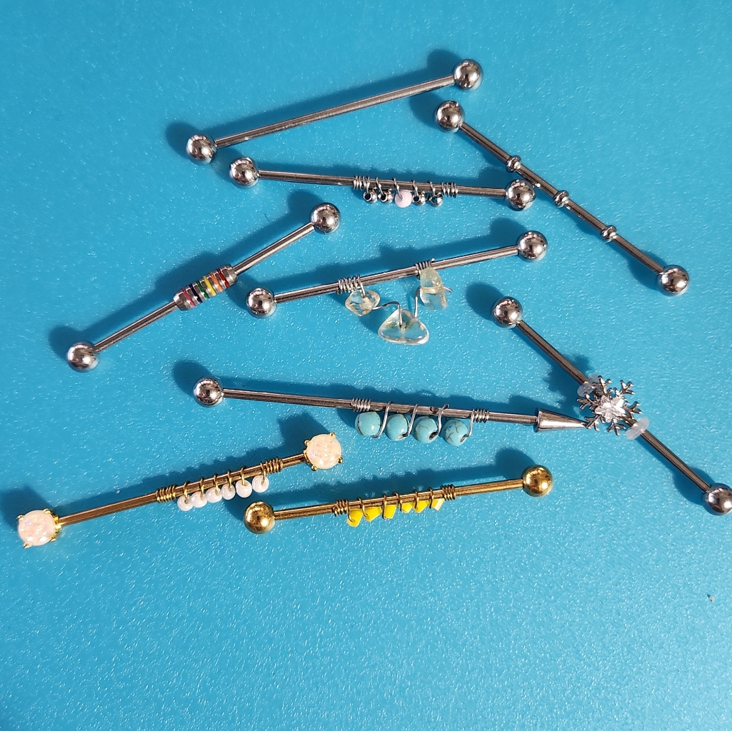 9 Piece Set Silver And Gold Industrial Barbells